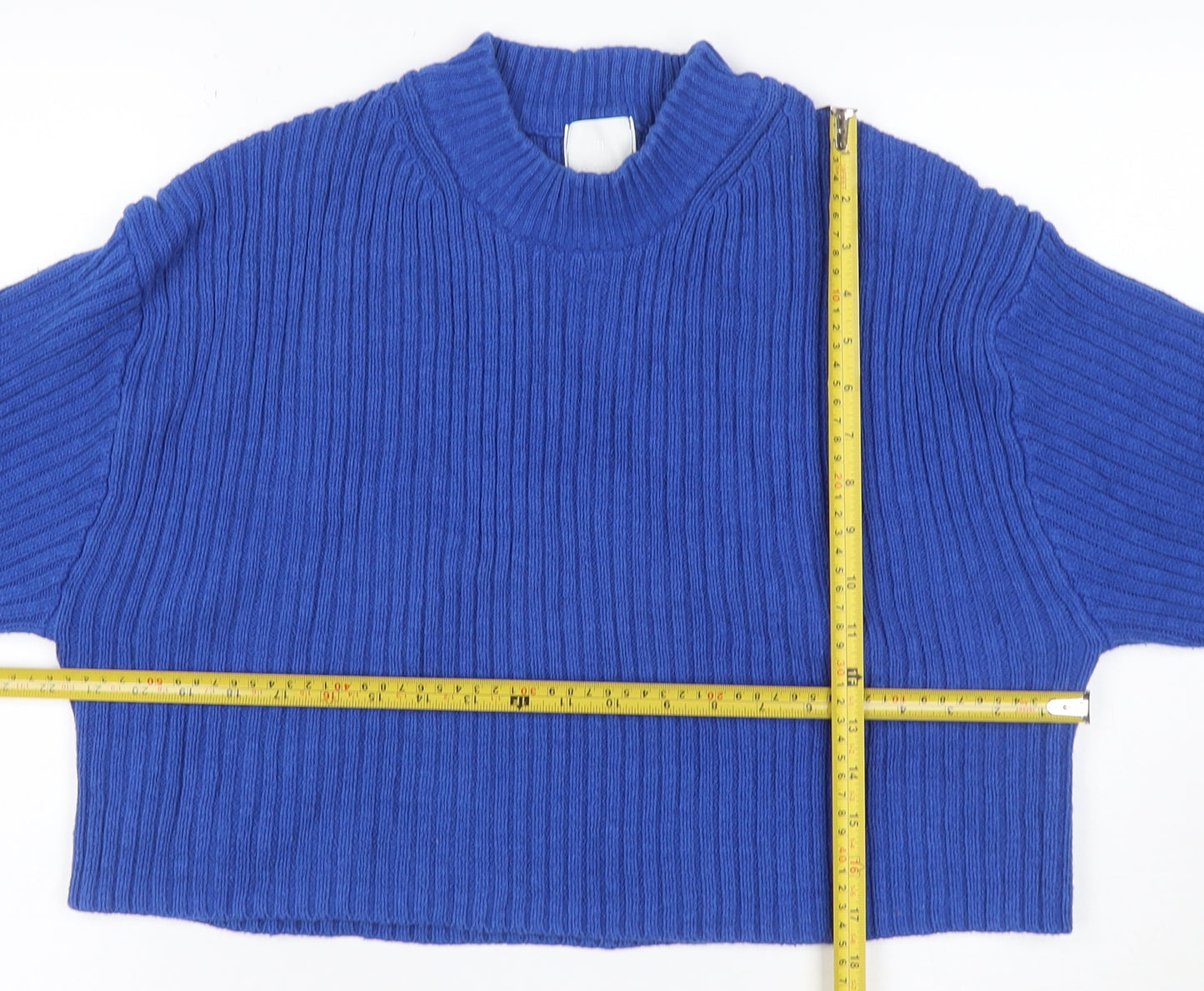 H&M Women Blue Rib Knit Mock Neck Raglan Pullover Jumper UK 16