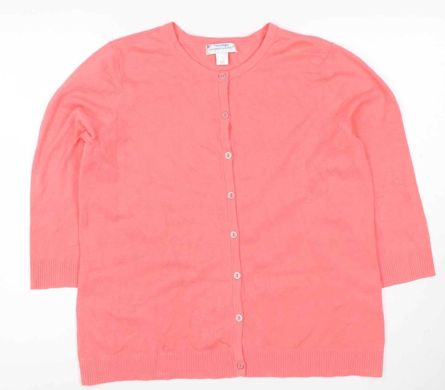 Christopher & Banks Women Pink L Button Front Cotton Knit Cardigan