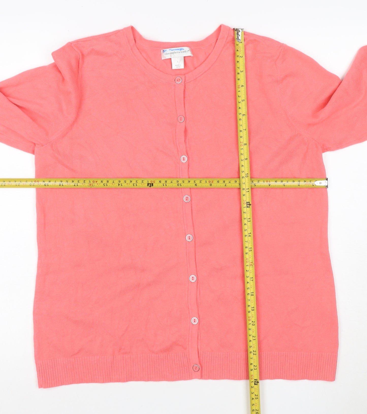 Christopher & Banks Women Pink L Button Front Cotton Knit Cardigan