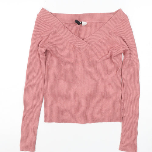 H&M Women's Pink UK 12 Rib Knit V-Neck Slim Pullover Jumper