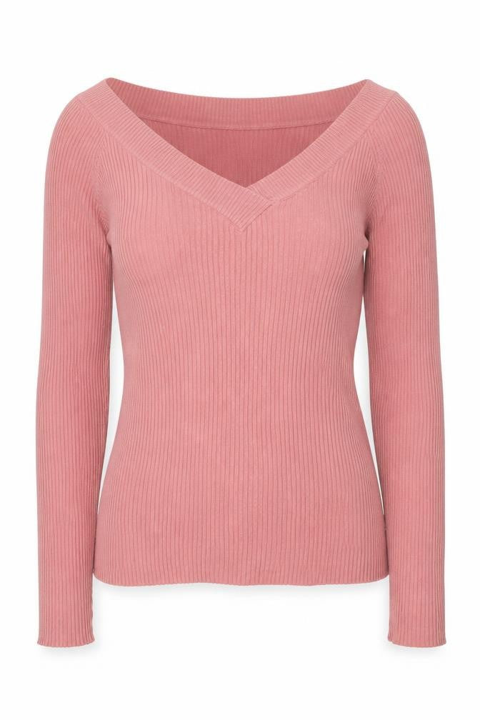 Front view of H&M Women's Pink UK 12 Rib Knit V-Neck Slim jumper