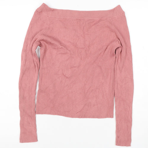 H&M Women's Pink UK 12 Rib Knit V-Neck Slim Pullover Jumper