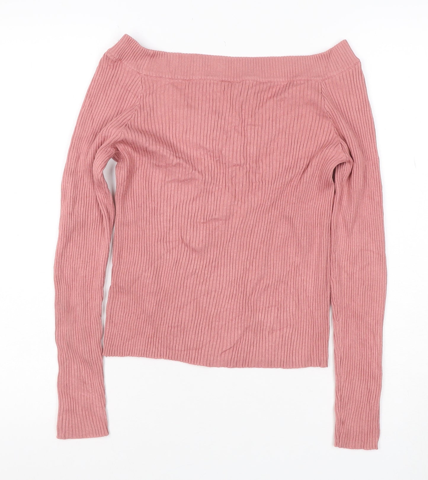 H&M Women's Pink UK 12 Rib Knit V-Neck Slim Pullover Jumper