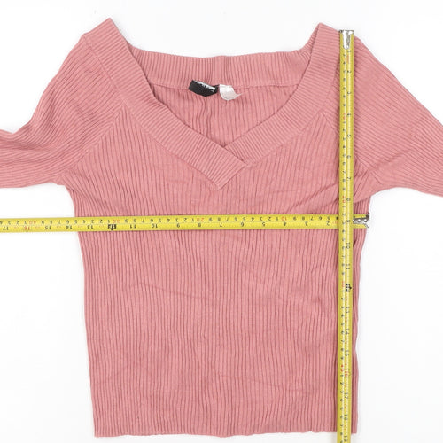 H&M Women's Pink UK 12 Rib Knit V-Neck Slim Pullover Jumper