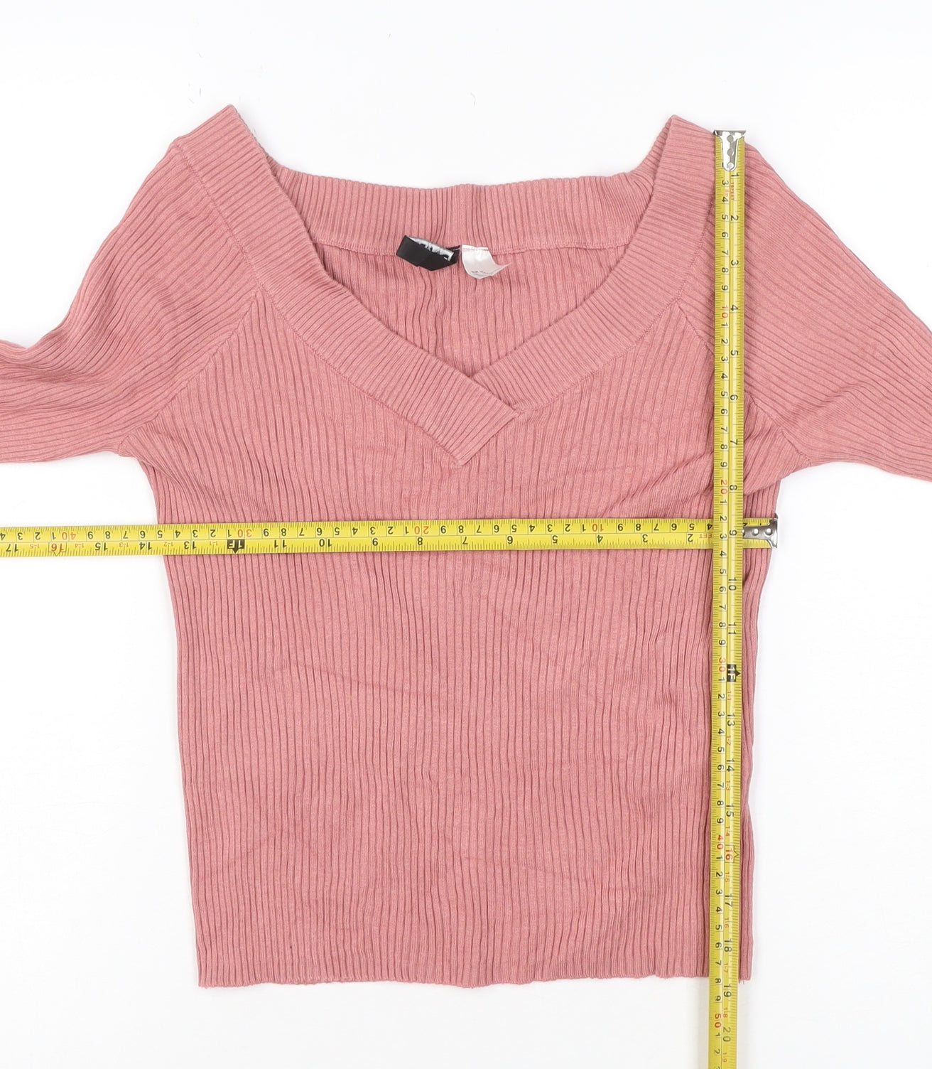 H&M Women's Pink UK 12 Rib Knit V-Neck Slim Pullover Jumper