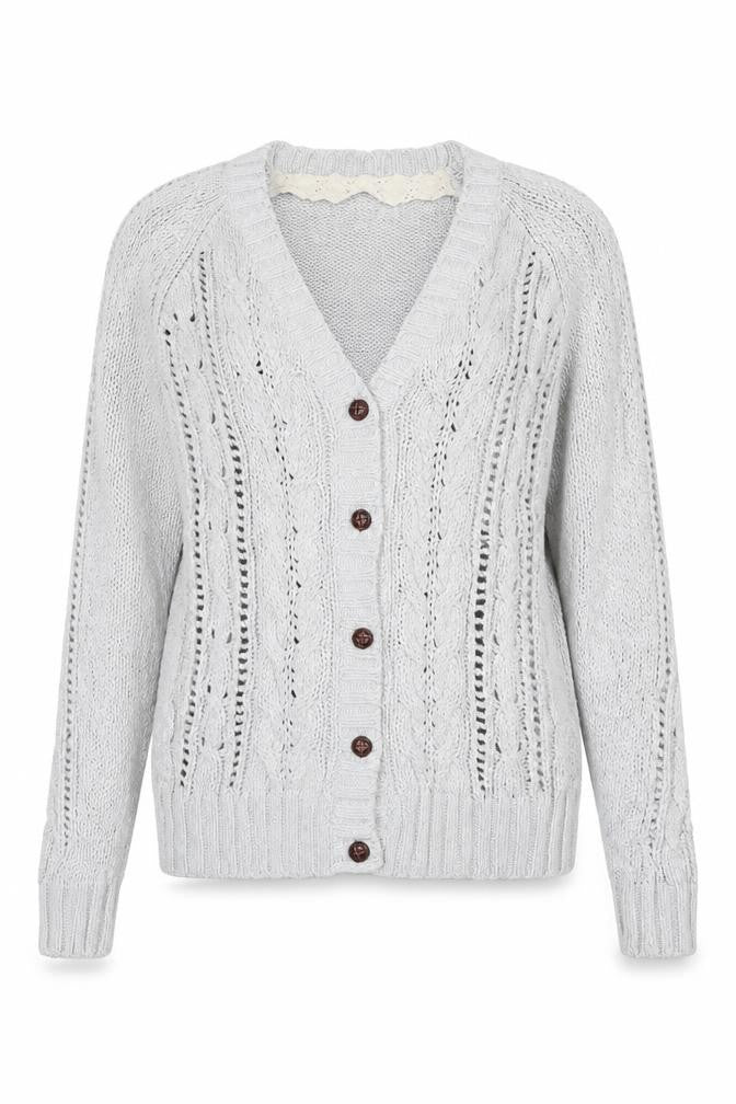 M&S Women Grey UK 10 Cable Knit V-Neck Button Cardigan