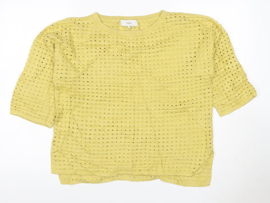 Next Women Yellow UK 8 Open Knit Short Sleeve Crew Neck Top
