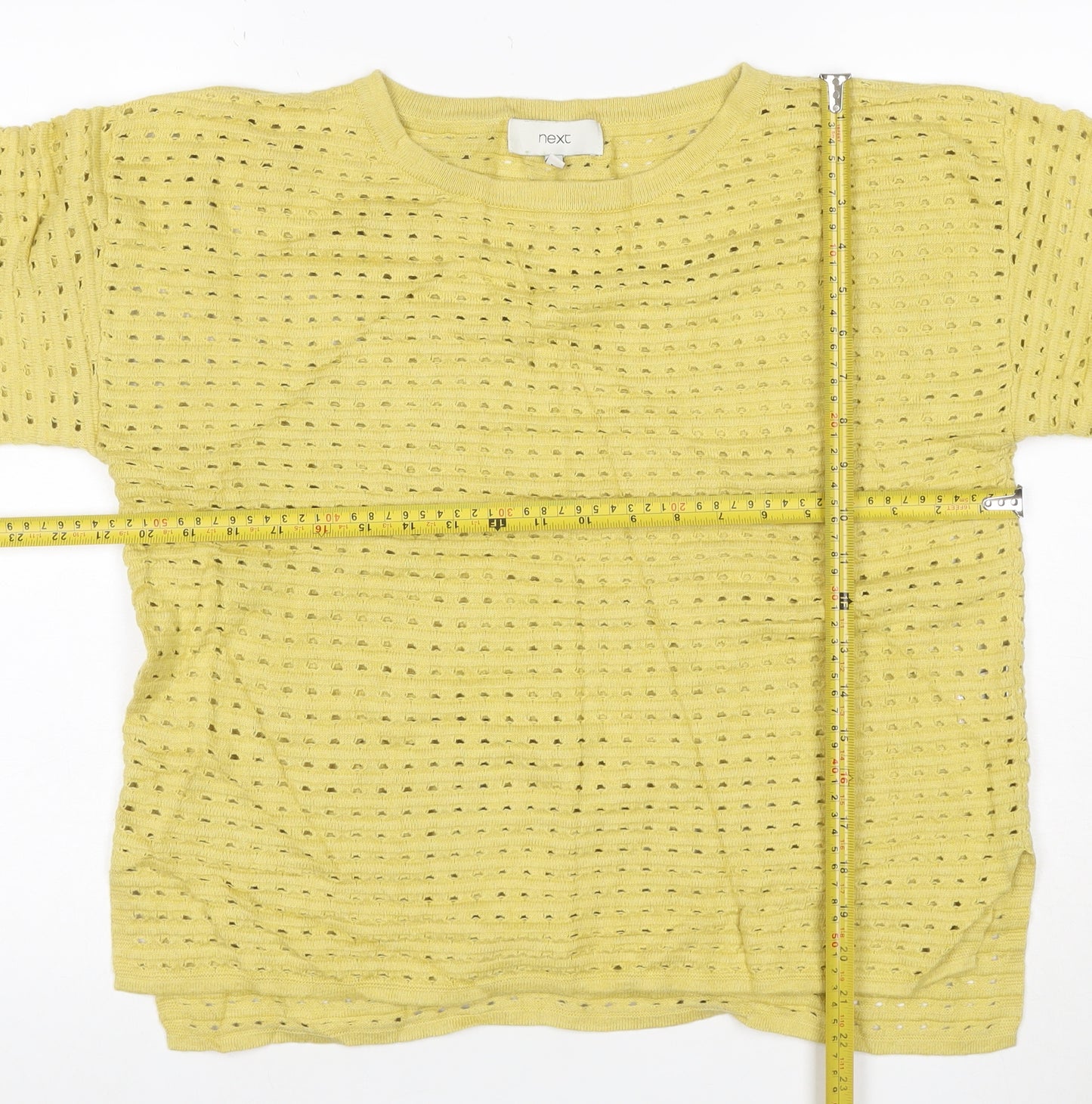 Next Women Yellow UK 8 Open Knit Short Sleeve Crew Neck Top