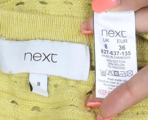 Next Women Yellow UK 8 Open Knit Short Sleeve Crew Neck Top