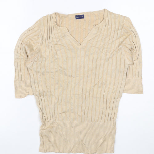 Debenhams Women Beige UK 12 V-Neck Textured Knit 3/4 Sleeve Top
