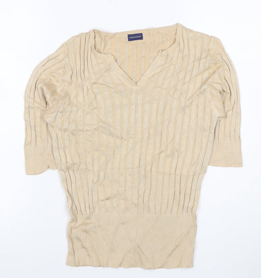 Debenhams Women Beige UK 12 V-Neck Textured Knit 3/4 Sleeve Top
