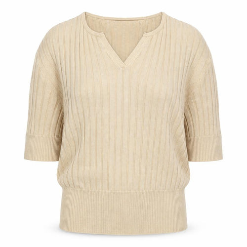 Debenhams Women Beige UK 12 V-Neck Textured Knit 3/4 Sleeve Top