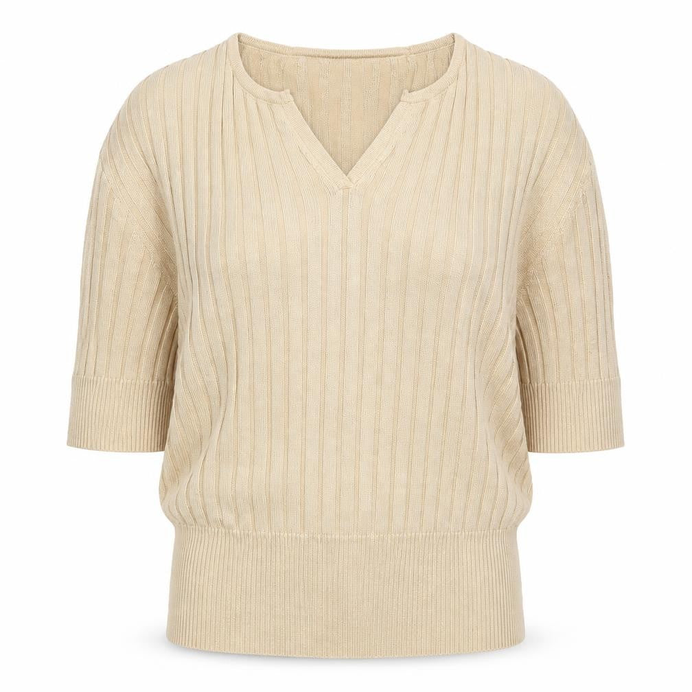 Debenhams Women Beige UK 12 V-Neck Textured Knit 3/4 Sleeve Top
