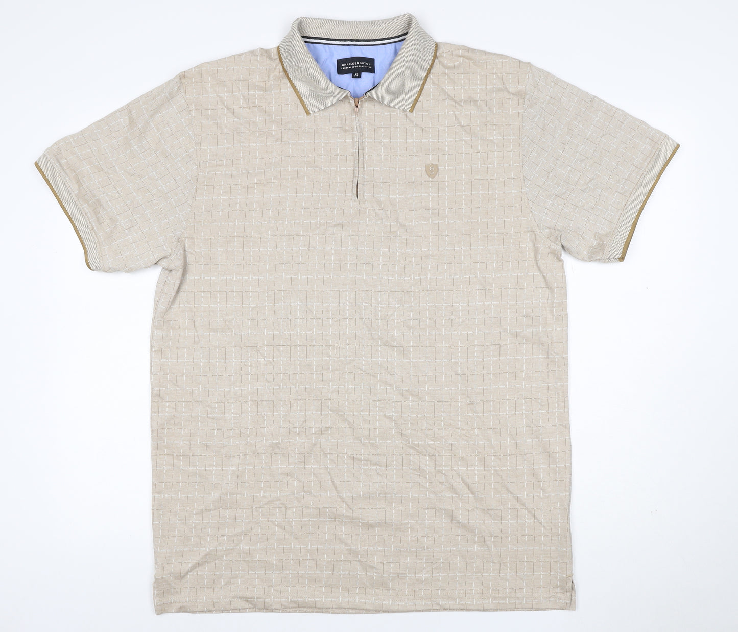 Charles Norton Men's Beige XL Geometric 1/4 Zip Polo Shirt