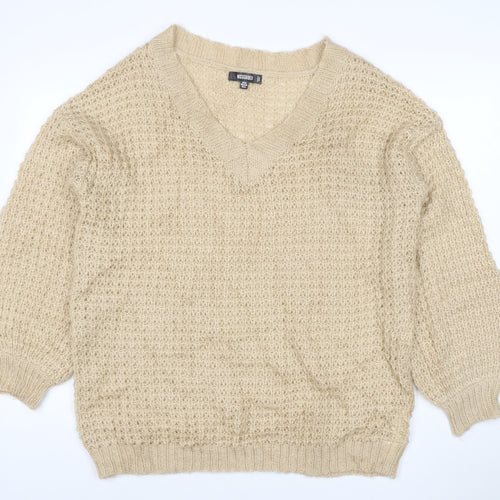 Missguided Women Beige XS Open Knit V-Neck Balloon Sleeve Jumper