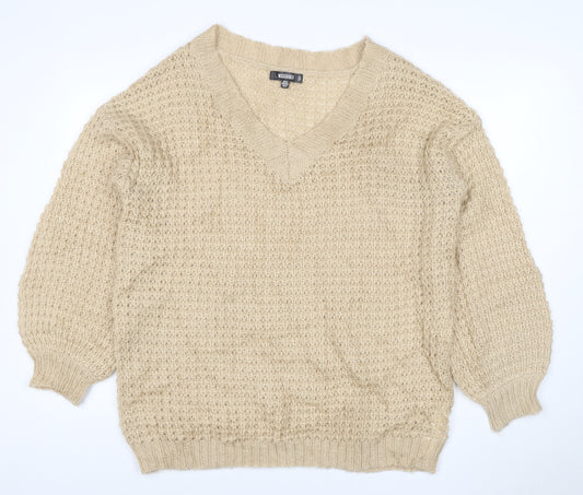 Missguided Women Beige XS Open Knit V-Neck Balloon Sleeve Jumper
