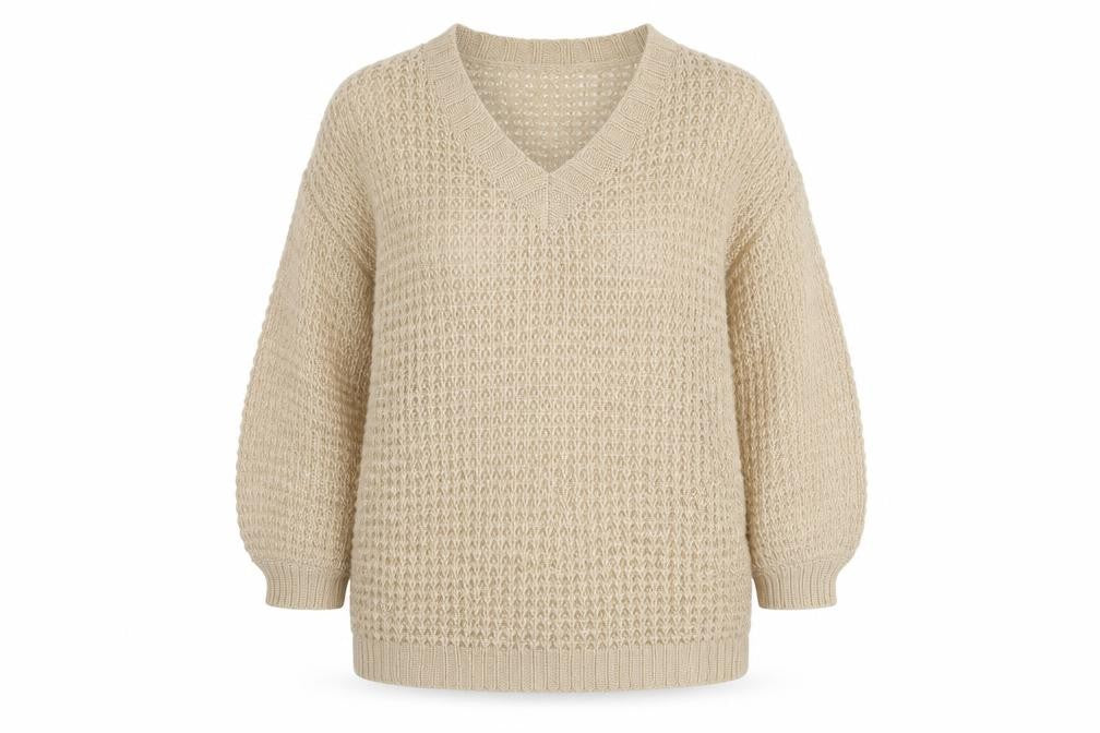 Missguided Women Beige XS Open Knit V-Neck Balloon Sleeve Jumper