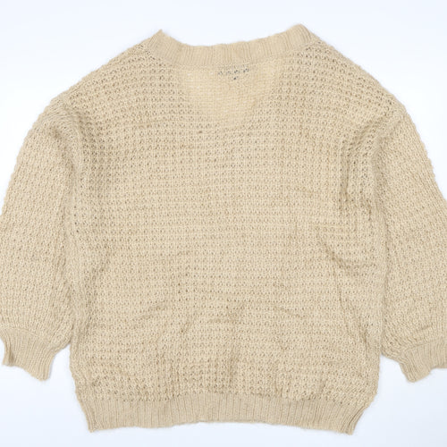 Missguided Women Beige XS Open Knit V-Neck Balloon Sleeve Jumper