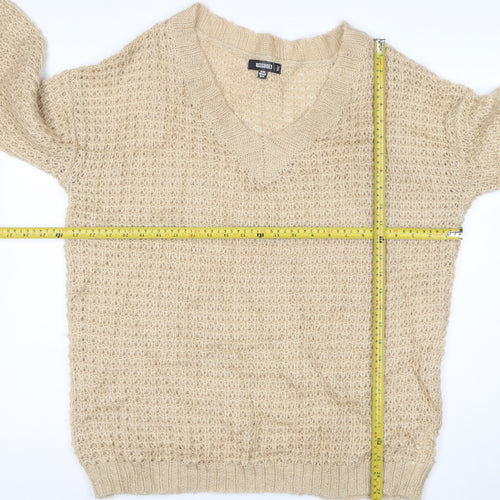 Missguided Women Beige XS Open Knit V-Neck Balloon Sleeve Jumper