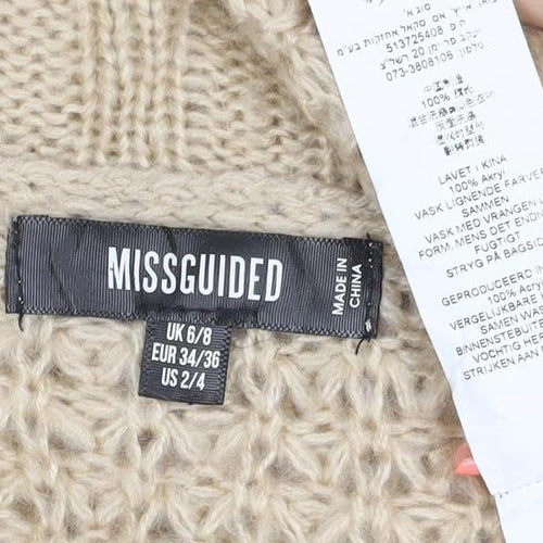 Missguided Women Beige XS Open Knit V-Neck Balloon Sleeve Jumper