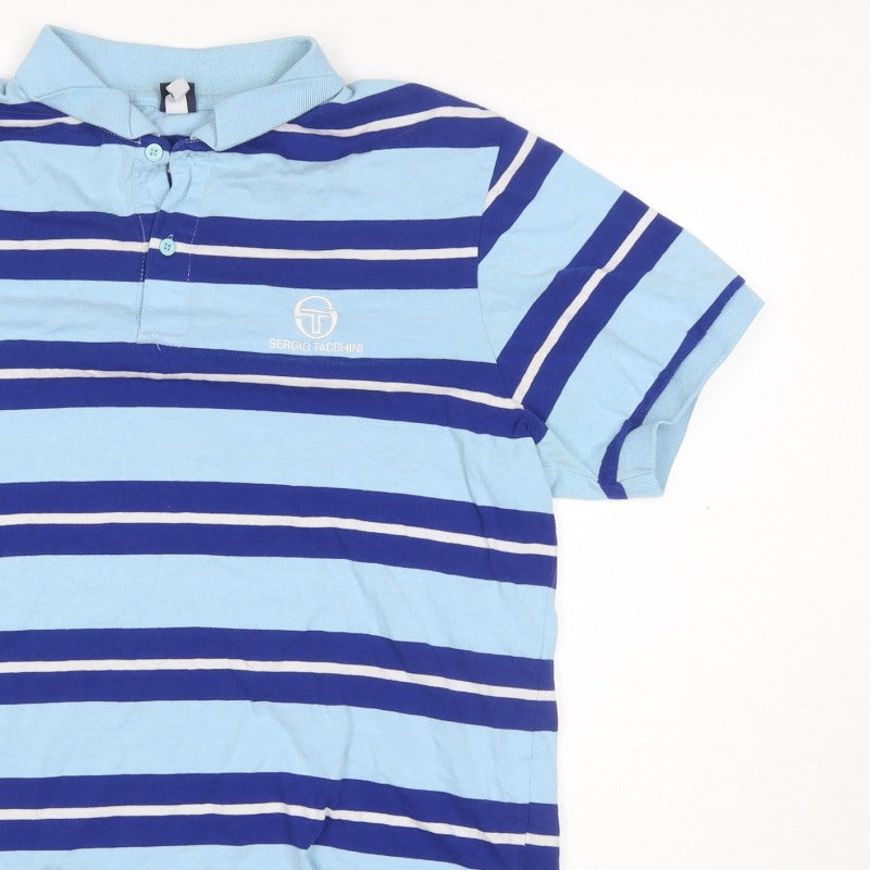 Sergio Tacchini Men’s Blue Striped Logo Short Sleeve Polo Shirt L