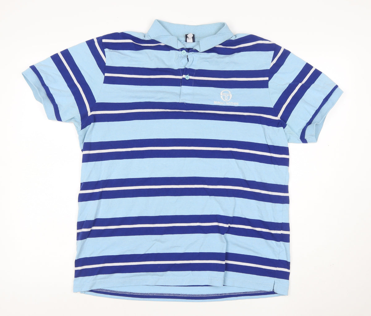 Sergio Tacchini Men’s Blue Striped Logo Short Sleeve Polo Shirt L