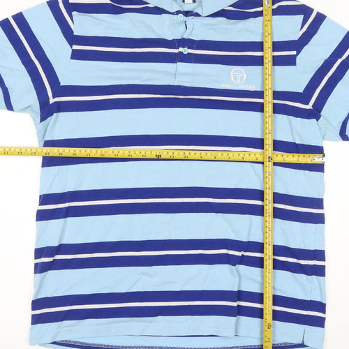 Sergio Tacchini Men’s Blue Striped Logo Short Sleeve Polo Shirt L