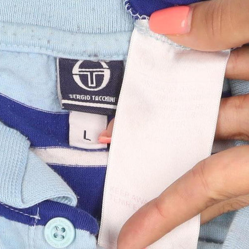 Sergio Tacchini Men’s Blue Striped Logo Short Sleeve Polo Shirt L