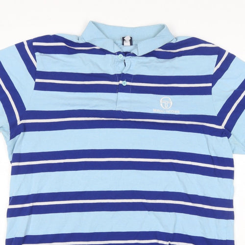 Sergio Tacchini Men’s Blue Striped Logo Short Sleeve Polo Shirt L