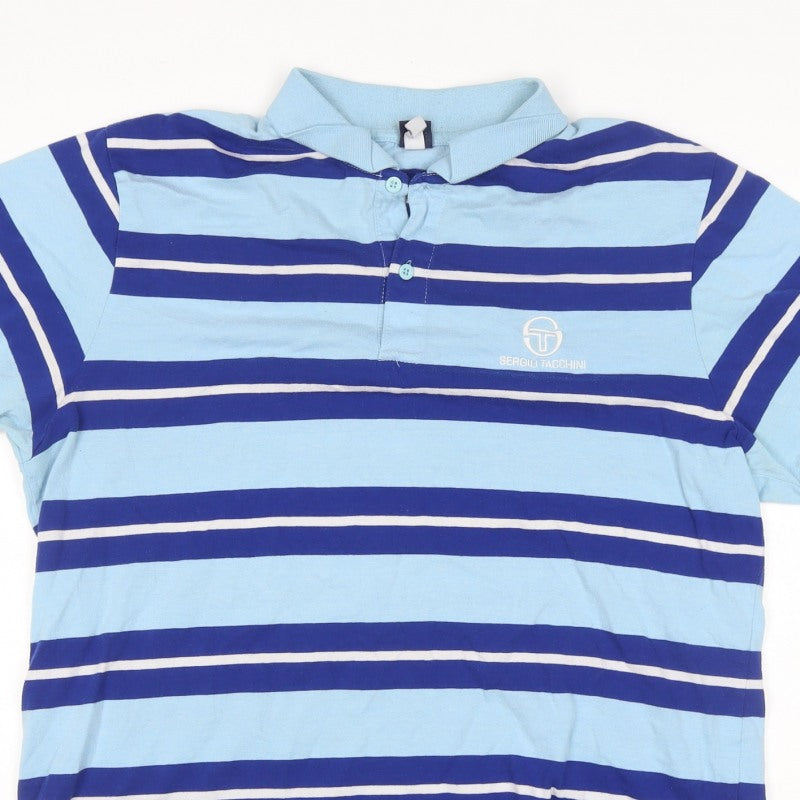 Sergio Tacchini Men’s Blue Striped Logo Short Sleeve Polo Shirt L