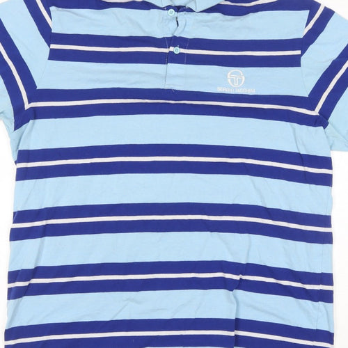 Sergio Tacchini Men’s Blue Striped Logo Short Sleeve Polo Shirt L