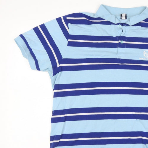 Sergio Tacchini Men’s Blue Striped Logo Short Sleeve Polo Shirt L