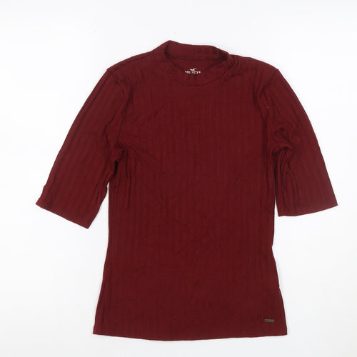 Hollister Women Red S Ribbed Mock Neck 3/4 Sleeve Slim T-Shirt