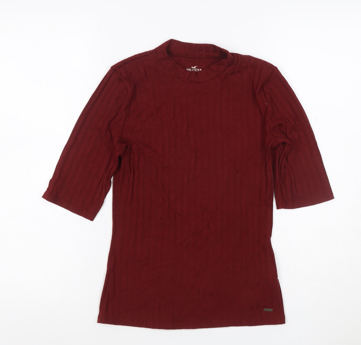 Hollister Women Red S Ribbed Mock Neck 3/4 Sleeve Slim T-Shirt