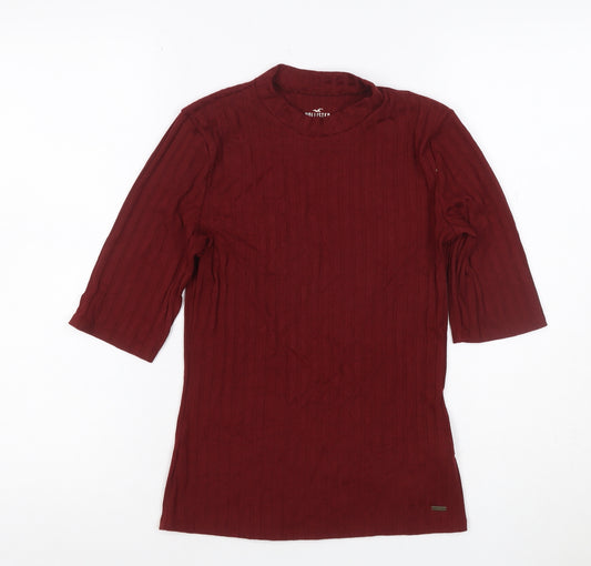 Hollister Women Red S Ribbed Mock Neck 3/4 Sleeve Slim T-Shirt