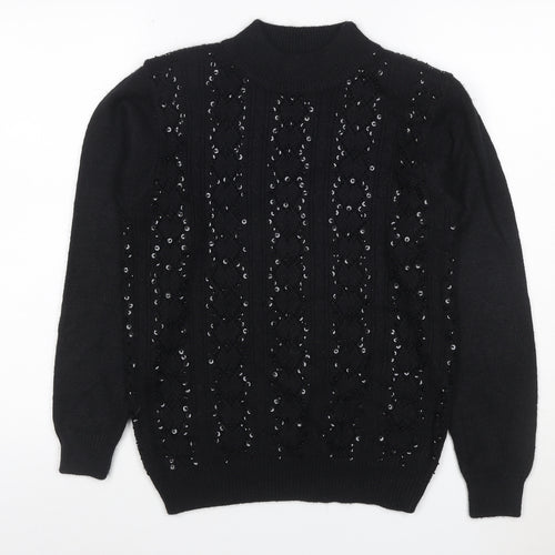 Alfred Dunner Women Black S Petite Sequin Mock Neck Pullover Jumper