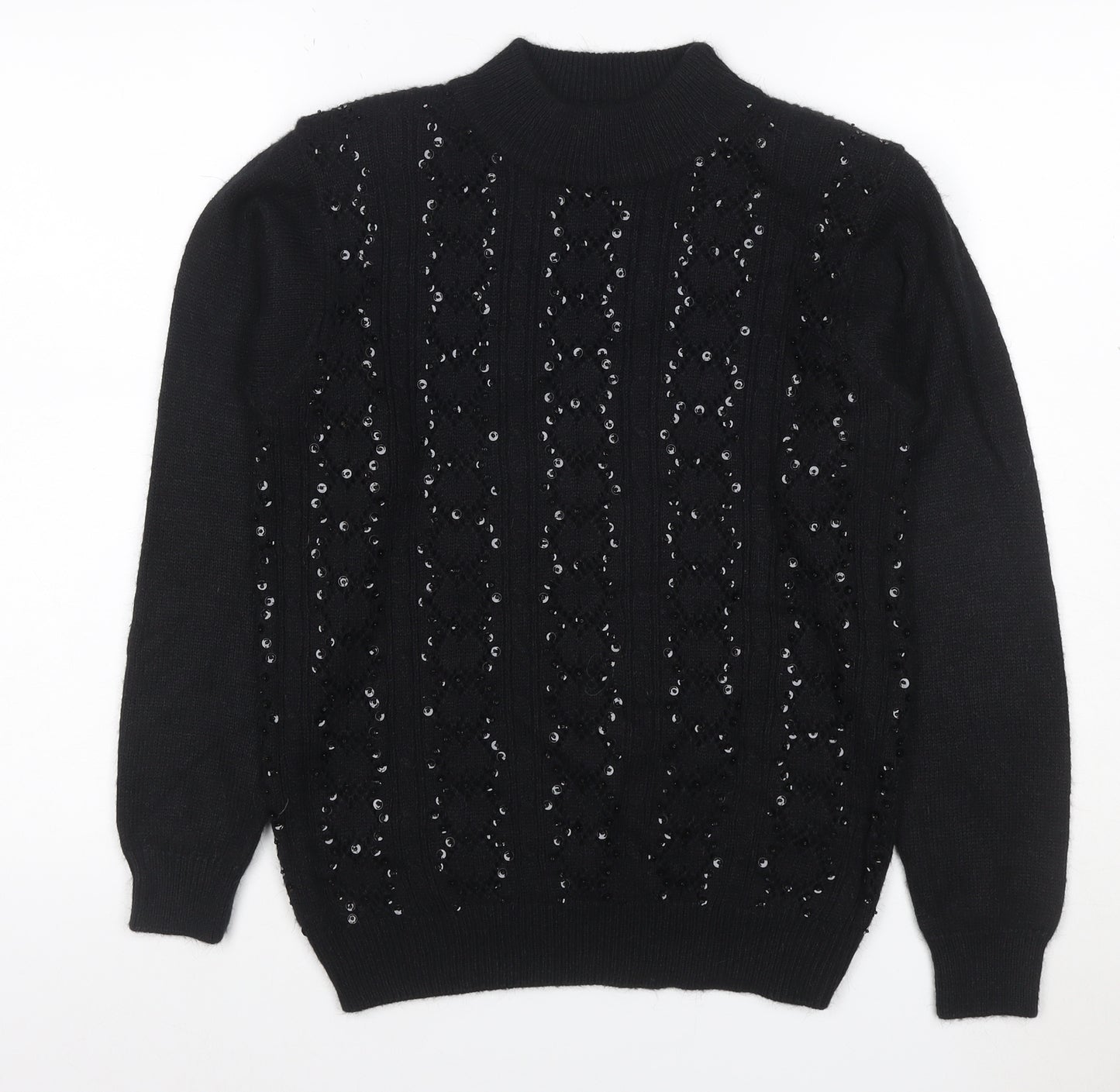 Alfred Dunner Women Black S Petite Sequin Mock Neck Pullover Jumper