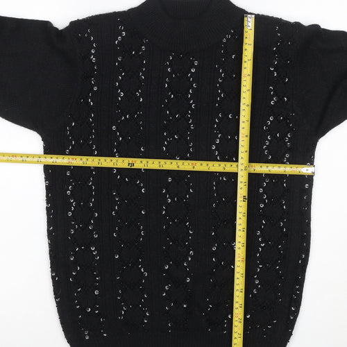 Alfred Dunner Women Black S Petite Sequin Mock Neck Pullover Jumper