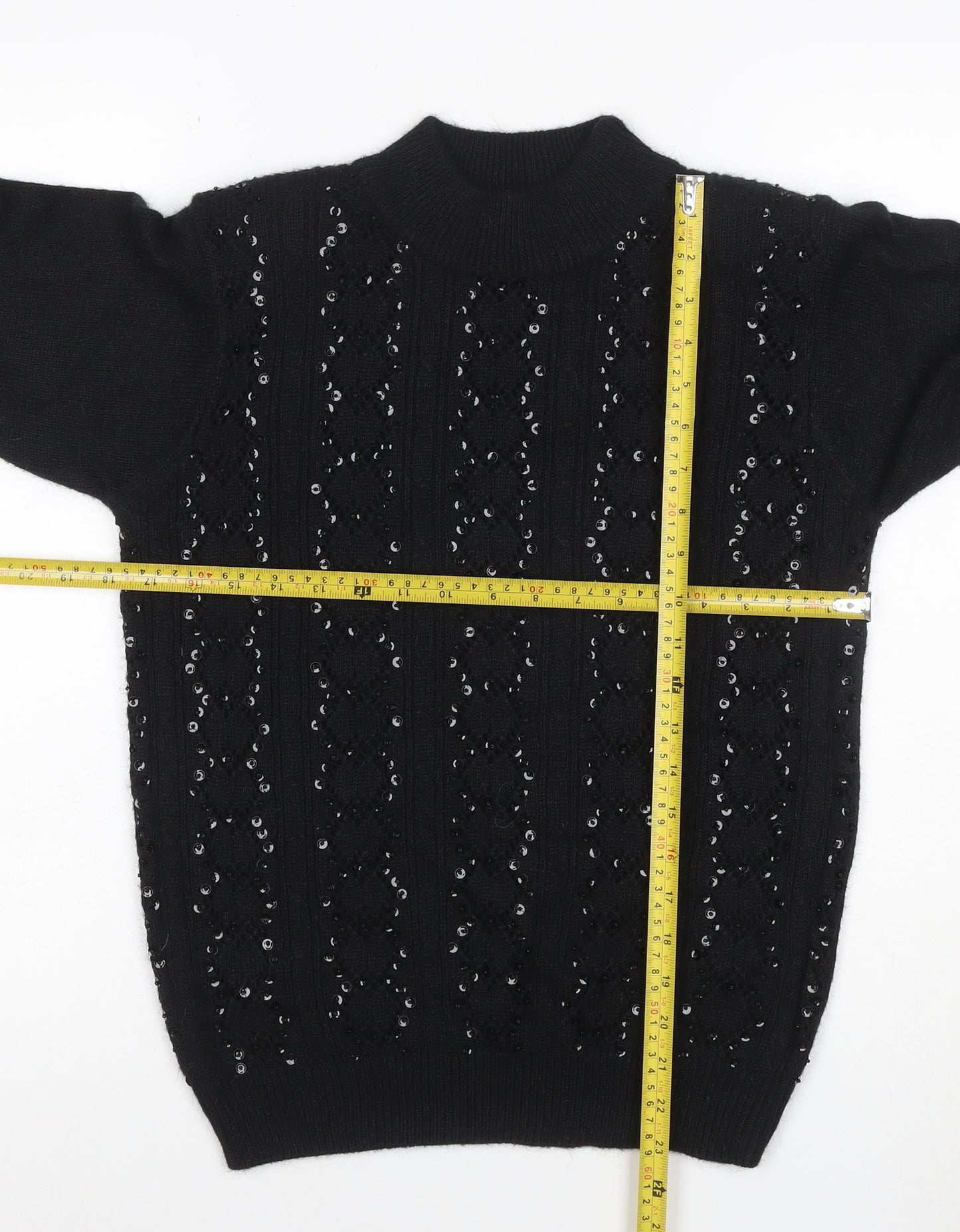 Alfred Dunner Women Black S Petite Sequin Mock Neck Pullover Jumper