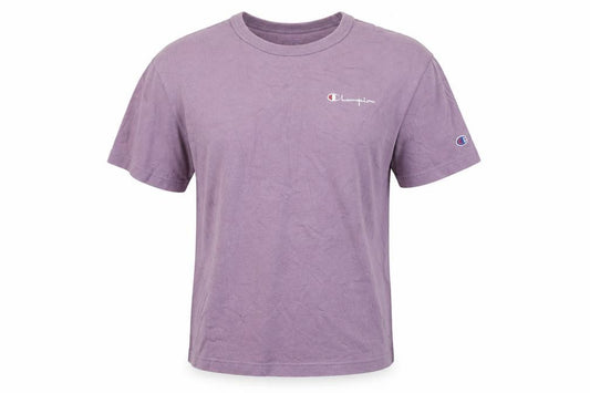 Front view of Champion unisex adults purple small logo crew neck short sleeve t-shirt