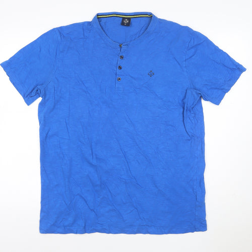 LRS Men’s Blue XL Cotton Henley T-Shirt Short Sleeve Logo