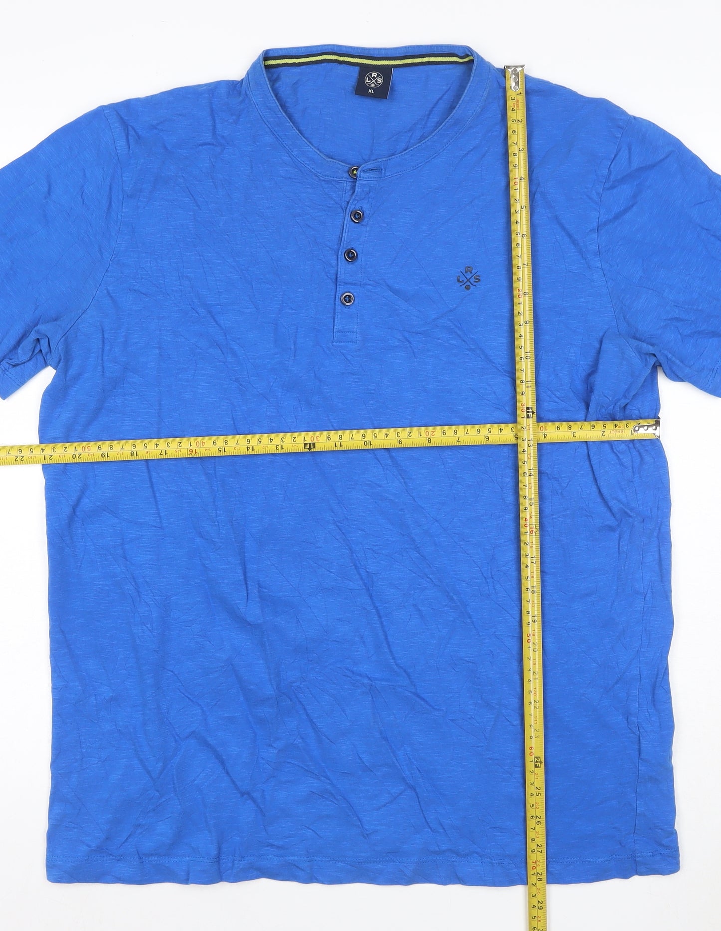 LRS Men’s Blue XL Cotton Henley T-Shirt Short Sleeve Logo