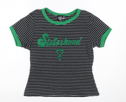 Hell Bunny Women Black Green Striped Sisterhood Ringer T-Shirt Size S