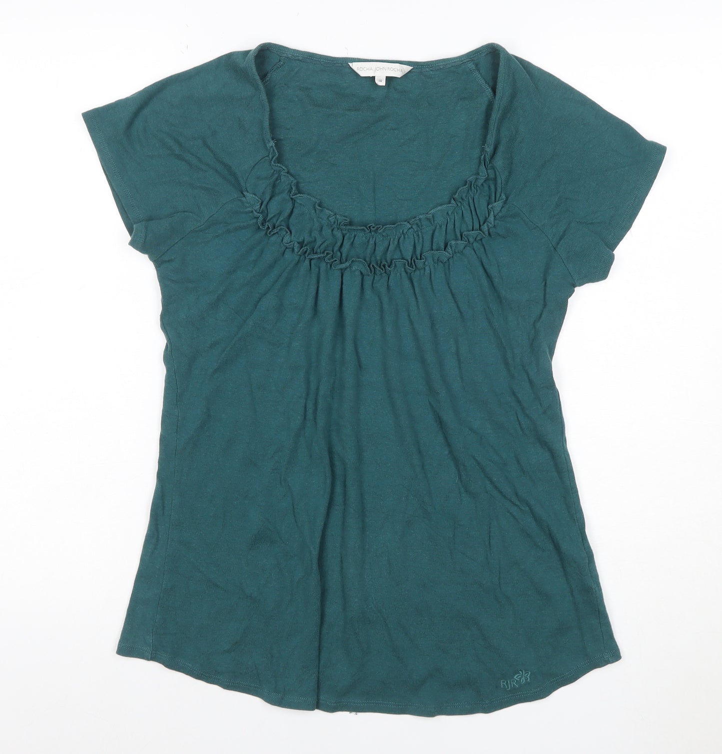 Rocha John Rocha Women Green Size 16 Ruffle Scoop Neck Jersey T-Shirt