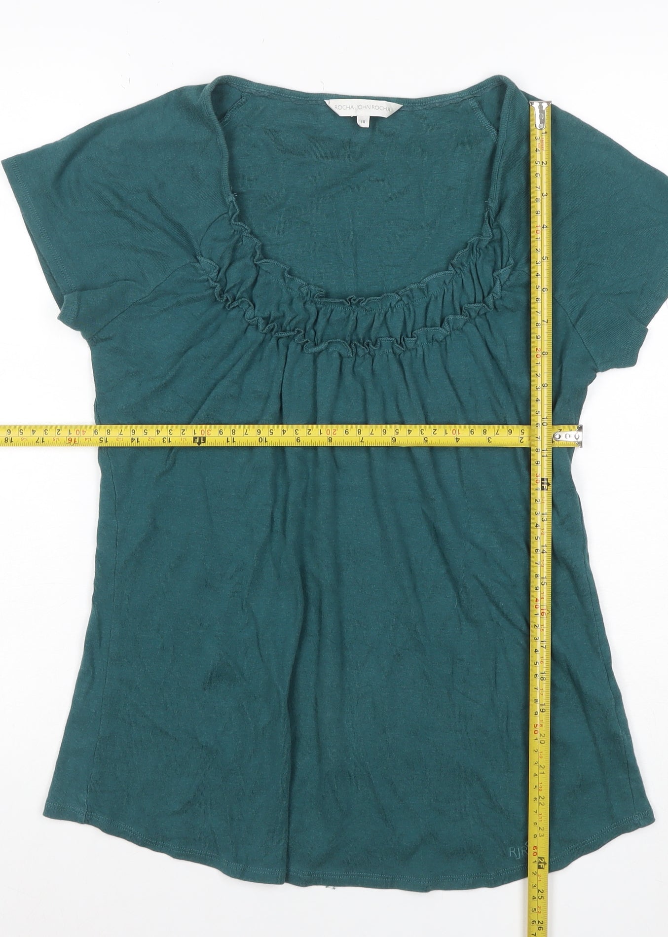Rocha John Rocha Women Green Size 16 Ruffle Scoop Neck Jersey T-Shirt