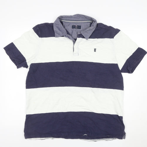 M&S Blue Harbour Men’s Blue White Striped Cotton Polo Shirt L