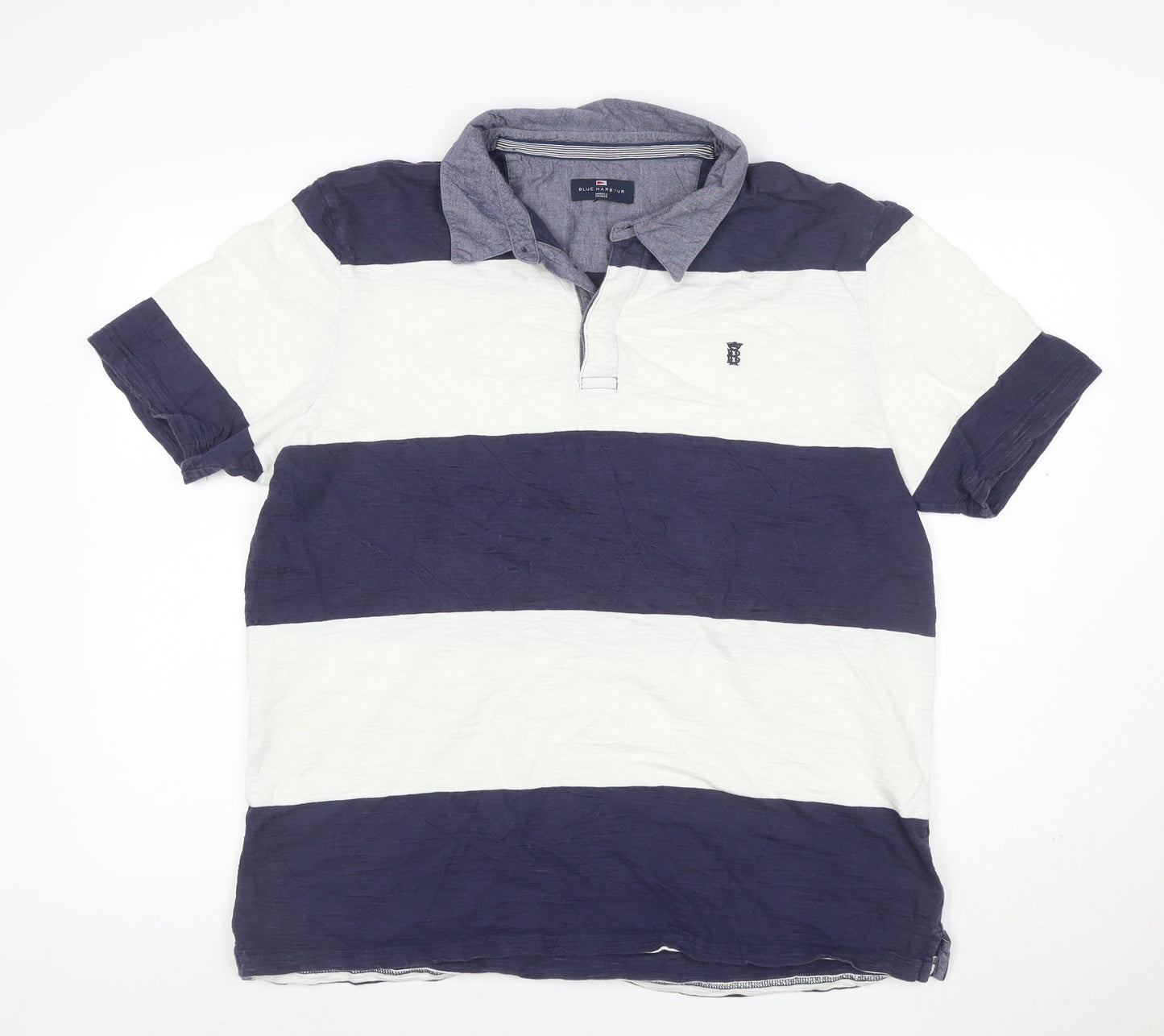 M&S Blue Harbour Men’s Blue White Striped Cotton Polo Shirt L