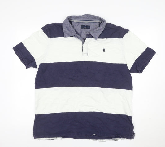 M&S Blue Harbour Men’s Blue White Striped Cotton Polo Shirt L