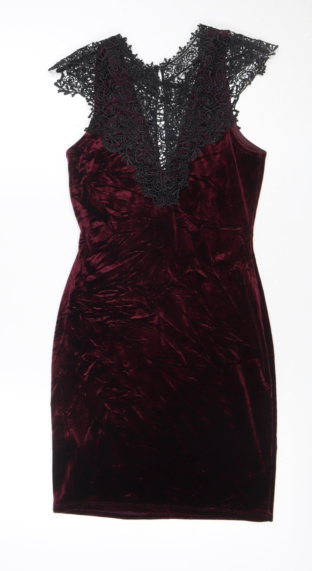 Topshop Women Burgundy Black Lace Velvet Bodycon Dress UK 8 Party
