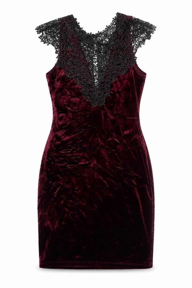 Topshop Women Burgundy Black Lace Velvet Bodycon Dress UK 8 Party